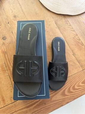 Cole Haan Black Leather Slide Sandals with Embossed Logo